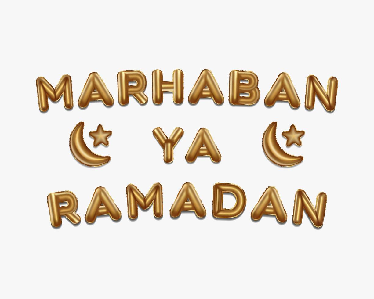 marhaban ya ramadan geschreven met gouden folieballonnen. marhaban ya ramadan belettering realistische gouden ballonnen vector