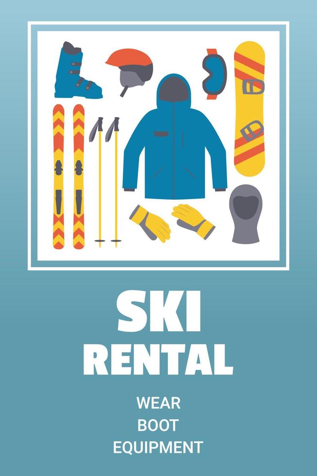 sjabloon voor skiverhuur. ski- en snowboarduitrusting. wintersport vector