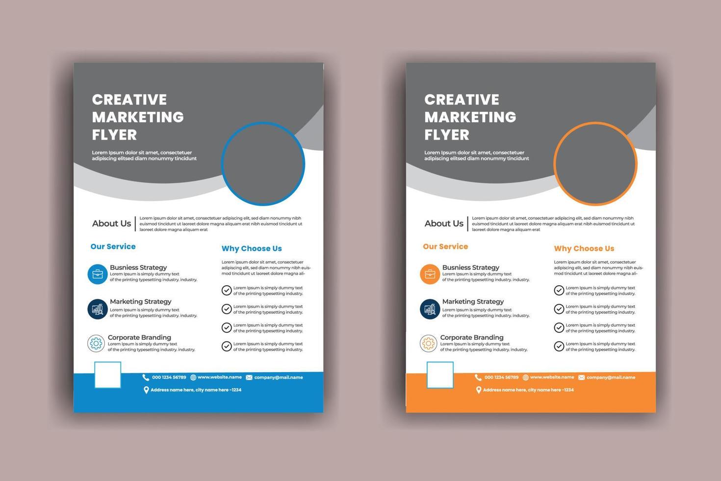 twee zakelijke brochure flyer ontwerp lay-out sjabloon a4, vector sjabloonontwerp voor tijdschrift, poster, bedrijfspresentatie, portfolio, flyer infographic, lay-out modern in oranje blauw