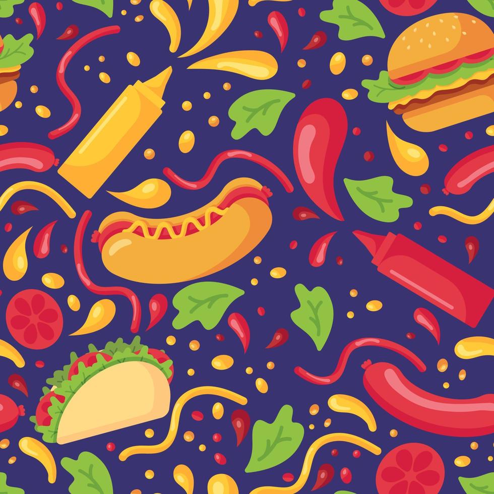 naadloze patroon met fastfood en spatten van mosterd en ketchup in plastic flessen voor sauzen in een vlakke stijl geïsoleerd op een paarse achtergrond vector