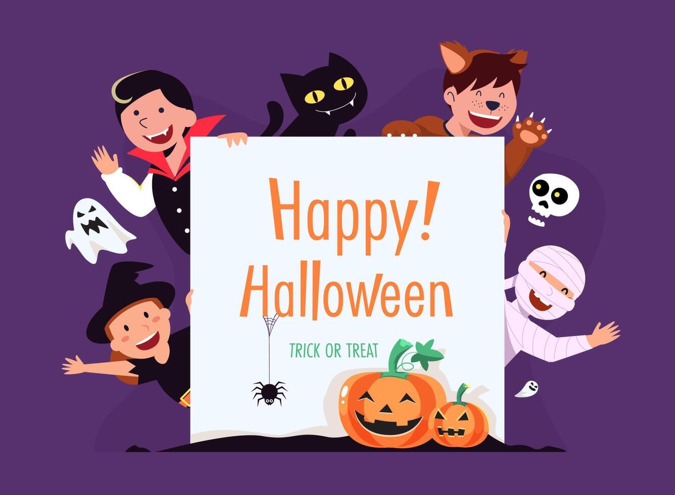 vectorillustratie happy halloween trick or treat-feest met de personages voor feestuitnodiging vector