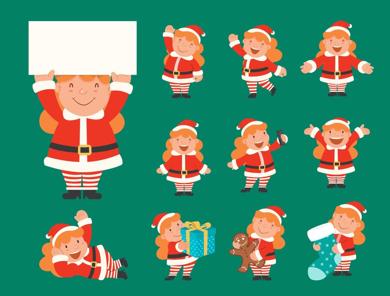 vrouwelijke personages van de kerstman in verschillende poses en scènes. vector