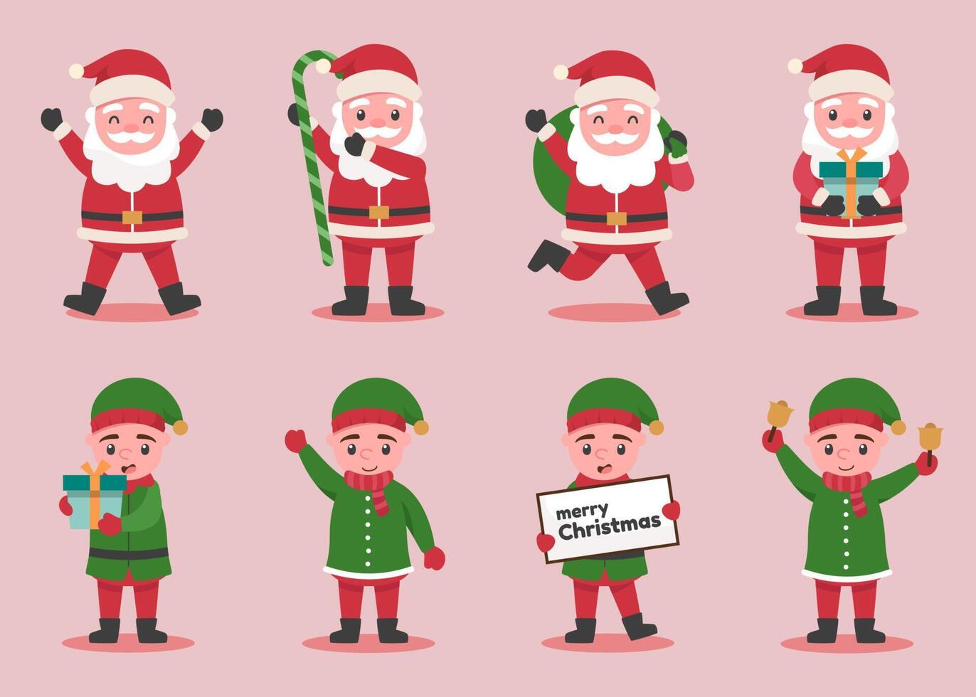 Kerstman en elf personages in verschillende poses en scènes. vector