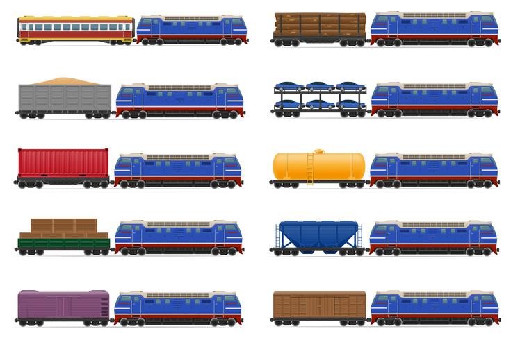 stel pictogrammen spoorwegtrein met locomotief en wagens vectorillustratie vector