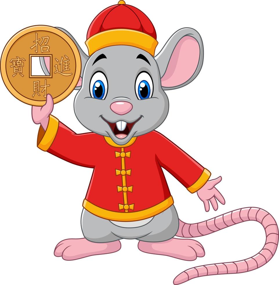 cartoon rat in chinees traditioneel kostuum met gouden munt. Chinese vertaling vector