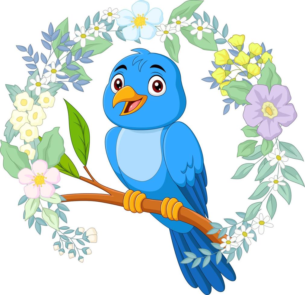 cartoon blauwe vogel op boomtak met bloemen achtergrond vector