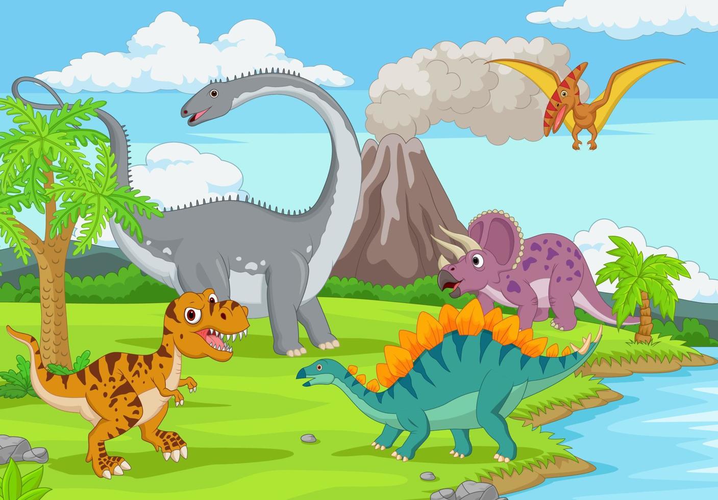 groep grappige dinosaurussen in de jungle vector