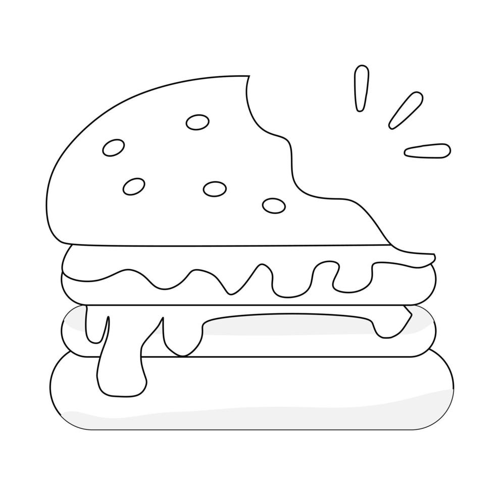 zwart-wit vectorillustratie van een gebeten hamburger voor het kleuren van boek en doodles vector