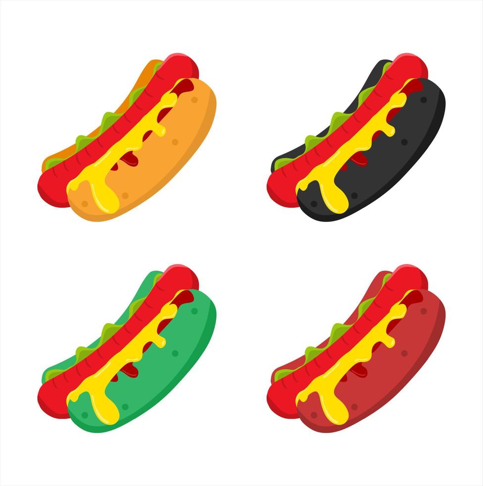 vector illustratie set van vers gemaakte hotdog met kaas en tomatensaus, restaurant en culinair thema. geschikt voor reclame voor voedingsproducten
