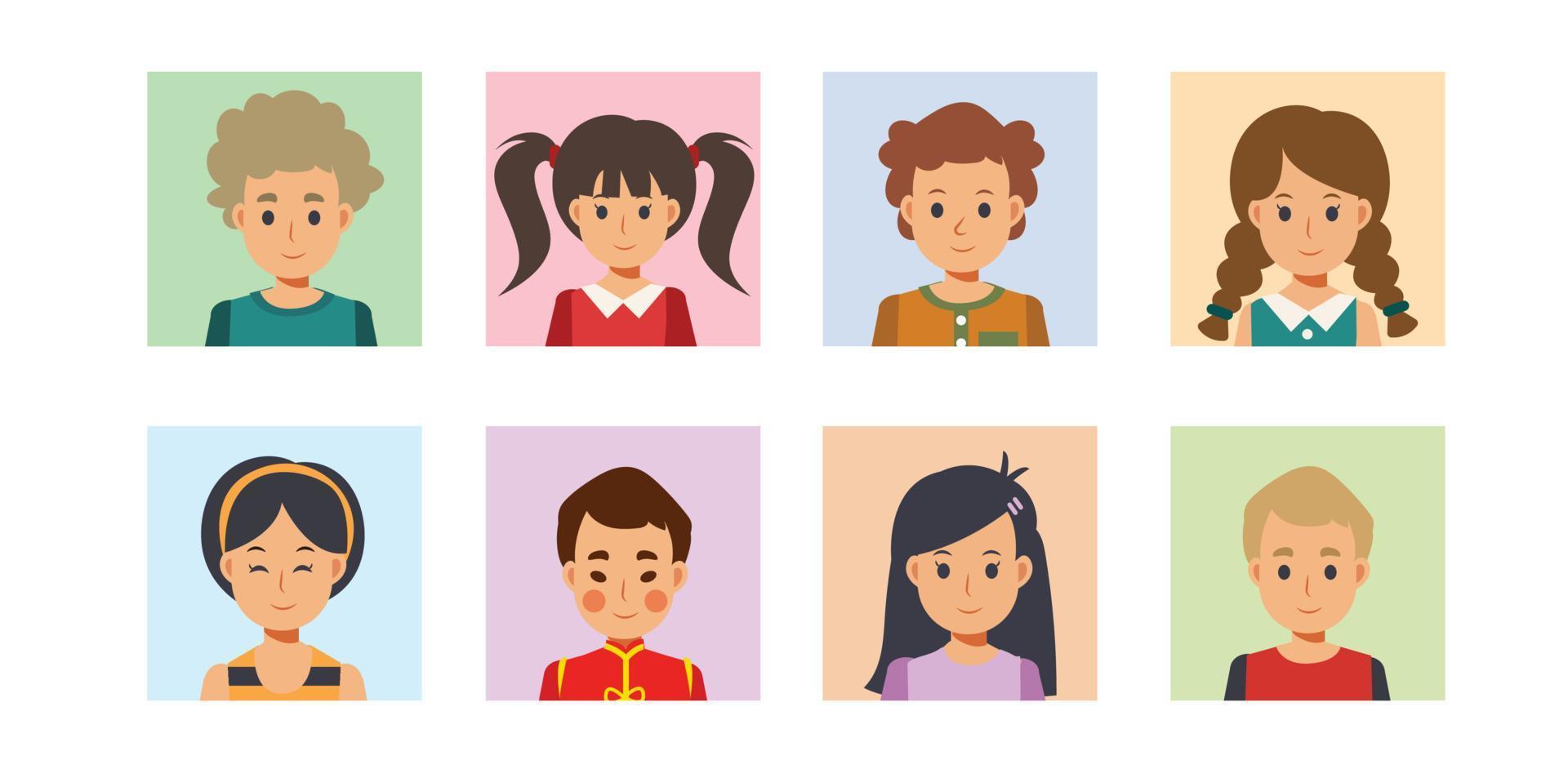 set van verschillende avatar van jongens en meisjes op square.flat cartoon karakter vectorillustratie. vector