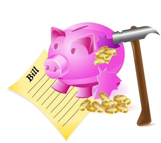 gebroken spaarpot is een rekening van een varkenshamer en gouden munten vector
