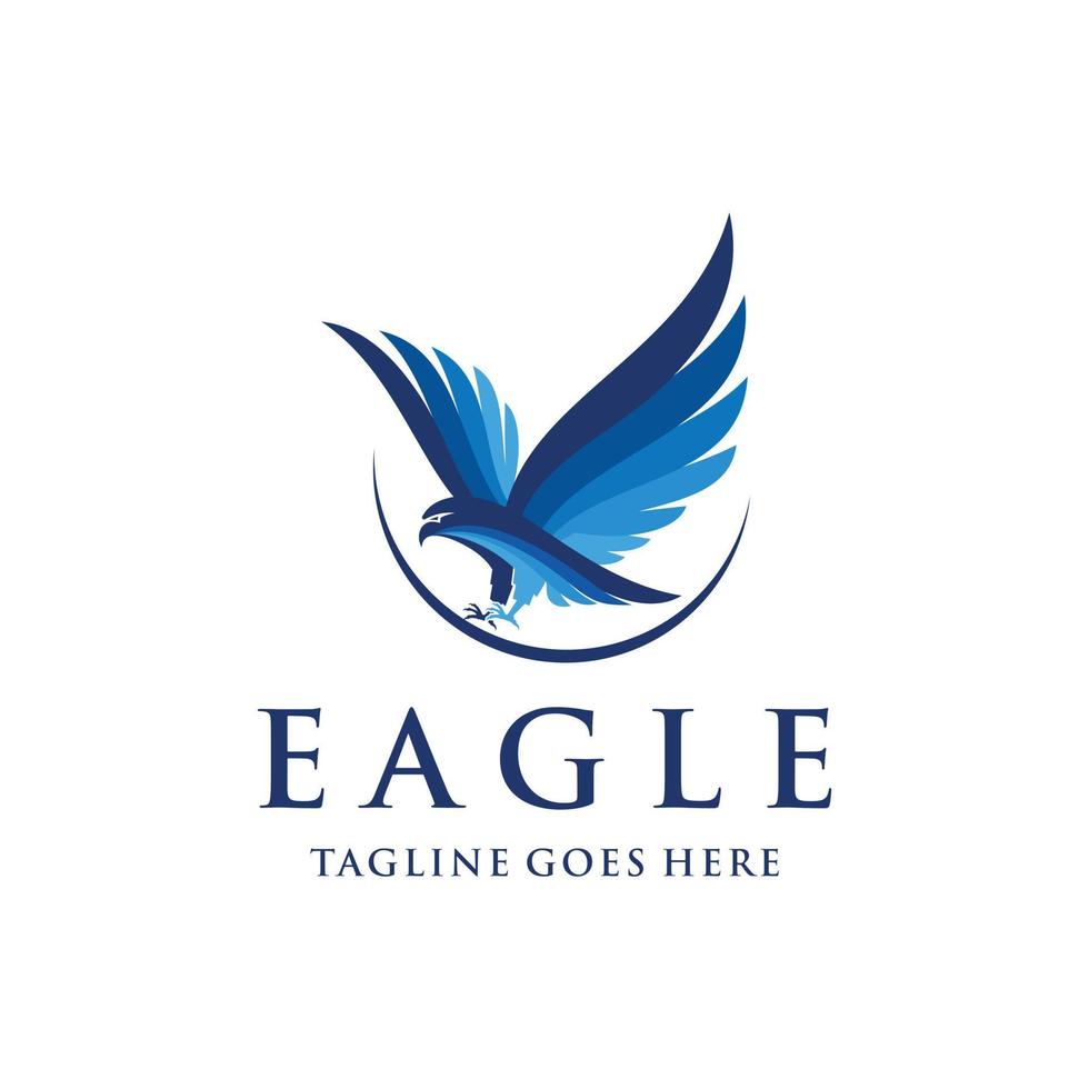 blauwe vogel logo, neerdalend uit de lucht landing op zoek naar prooi, kleurrijke adelaar met een mix van licht- en donkerblauw vector
