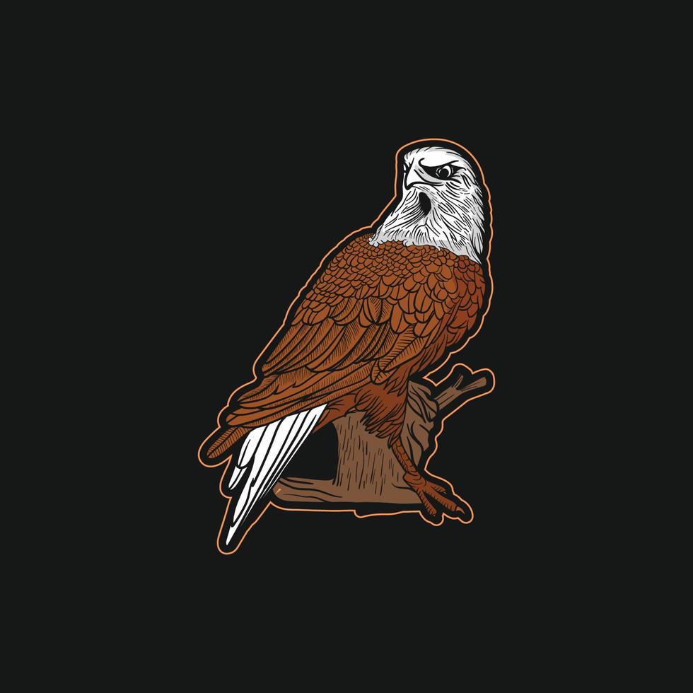 vogel logo staande op een boomtak, rustig op zoek naar prooi met een scherpe blik, handgetekende lijnstijl, logo pictogram, vectorillustratie vector
