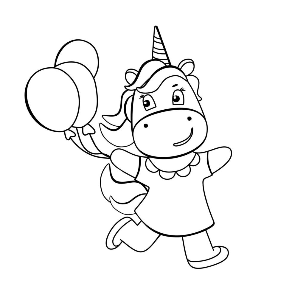 grappige eenhoorn met ballonnen kleurboek. schattige pony stripfiguur in zwart-wit stijl. voor ansichtkaarten, posters, boekillustraties. vectorillustratie in doodle stijl. vector