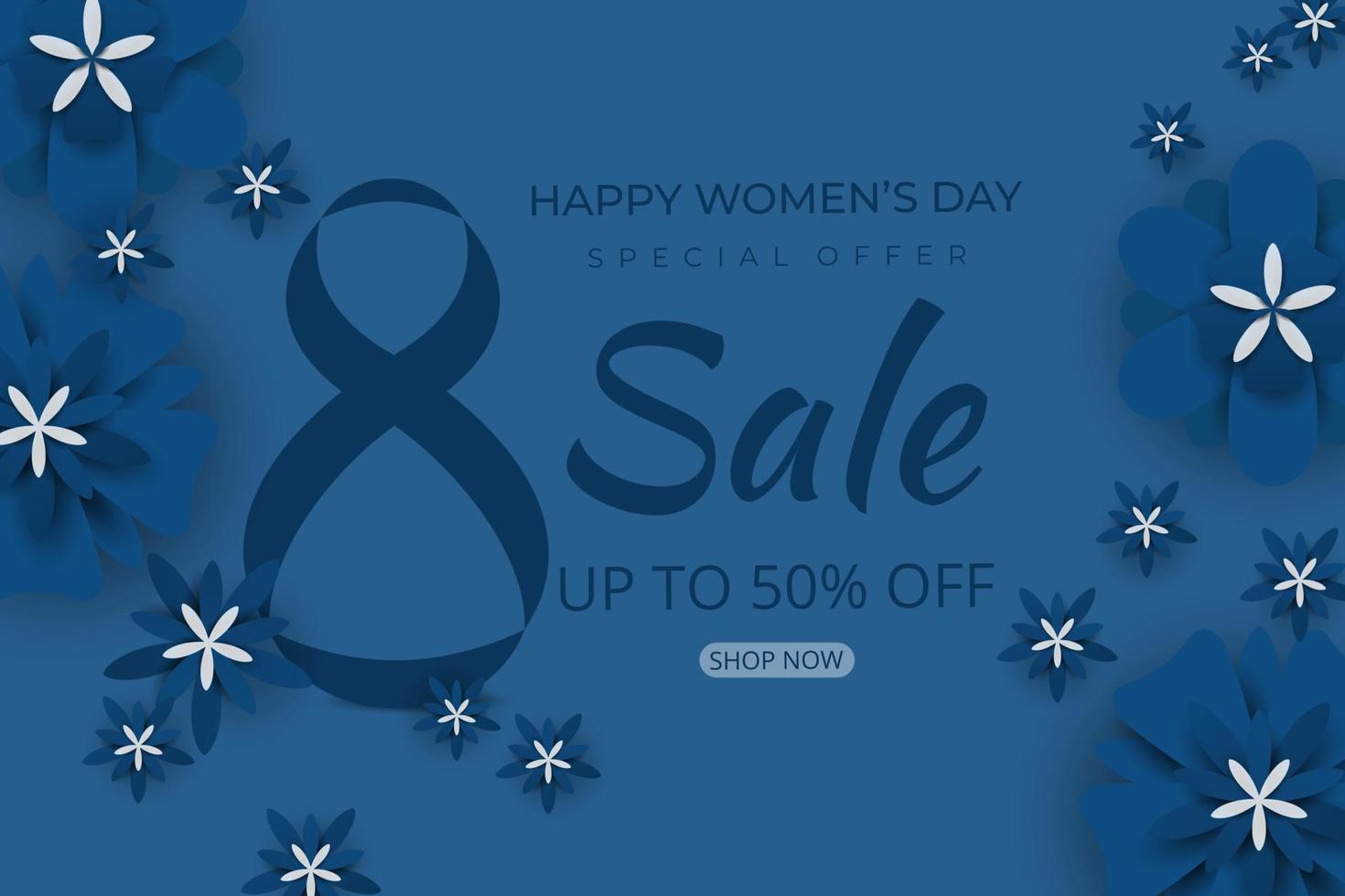 8 maart happy women's day sale banner. mooie trend klassieke blauwe kleur achtergrond met bloemen vector