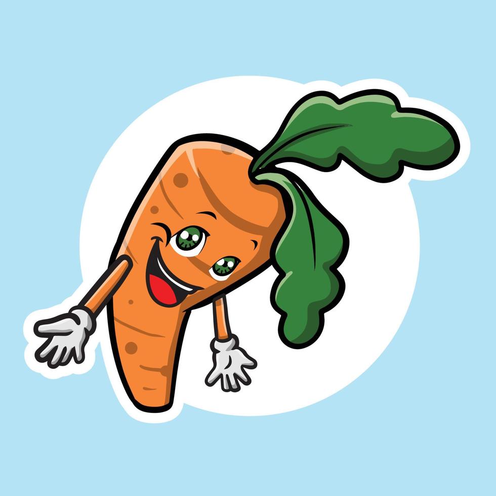 blij gezicht oranje wortel met groen verlof mascotte vector