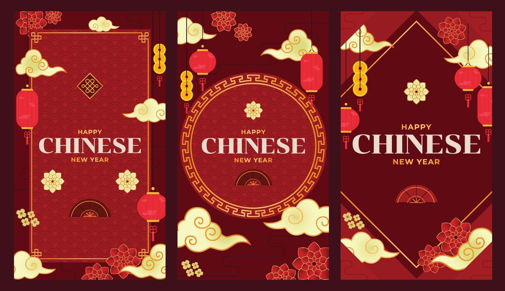 gelukkig chinees nieuwjaar wenskaart, social media post, verhalen en printables. inclusief cny-elementen zoals lantaarn, wolk, handwaaier en bloem vector