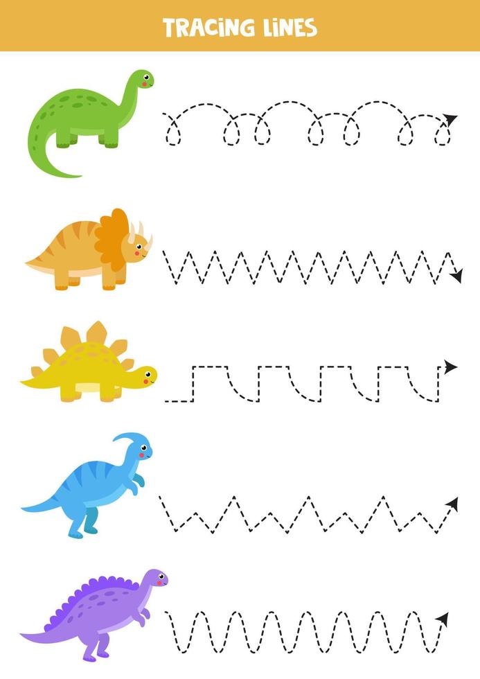 traceerlijnen met schattige dinosaurussen. Schrijf oefening. vector