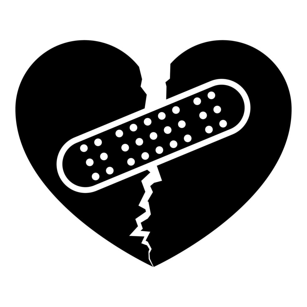 hart met patch die twee helften verbindt pictogram zwarte kleur vector illustratie vlakke stijl afbeelding