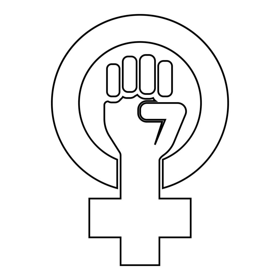 symbool van feminisme beweging geslacht vrouwen weerstaan vuist hand in ronde en kruis pictogram overzicht zwarte kleur vector illustratie vlakke stijl afbeelding