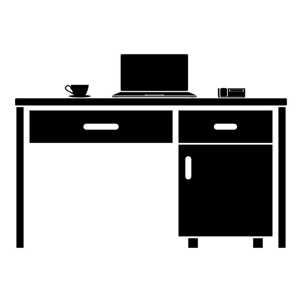 desktop met laptop telefoon en thee mok zakelijke spullen op tabel pictogram zwarte kleur vector illustratie vlakke stijl afbeelding