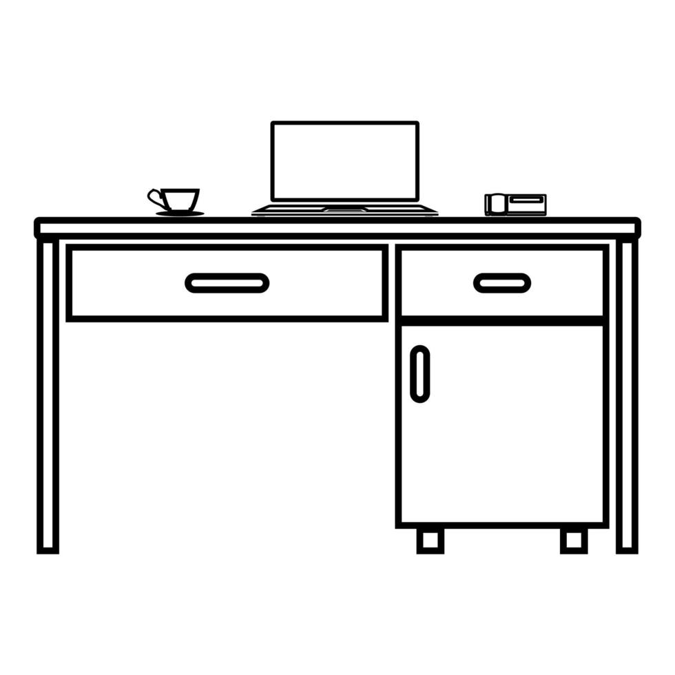 desktop met laptop telefoon en thee mok zakelijke spullen op tabel pictogram overzicht zwarte kleur vector illustratie vlakke stijl afbeelding