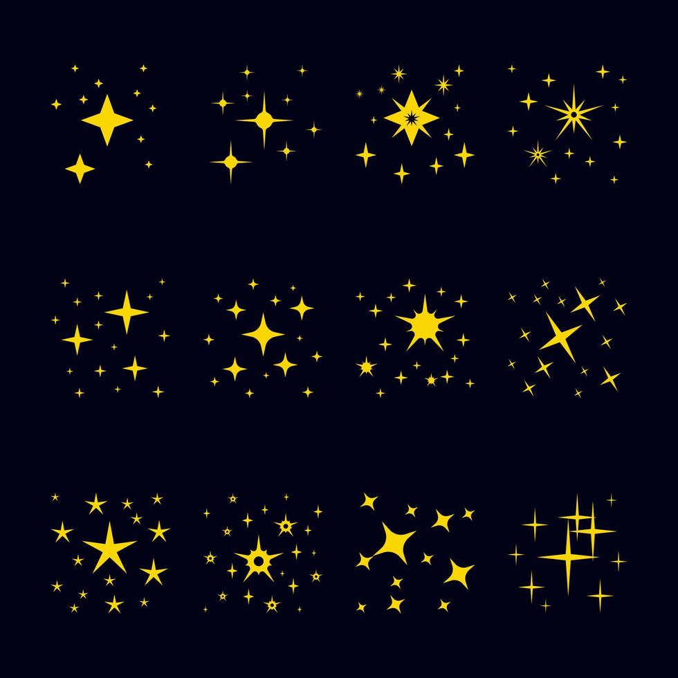 set illustraties van fonkelende sterren aan de hemel, eenvoudige symbolen voor ontwerpelementen. glitter, nieuwjaar, geel. vector