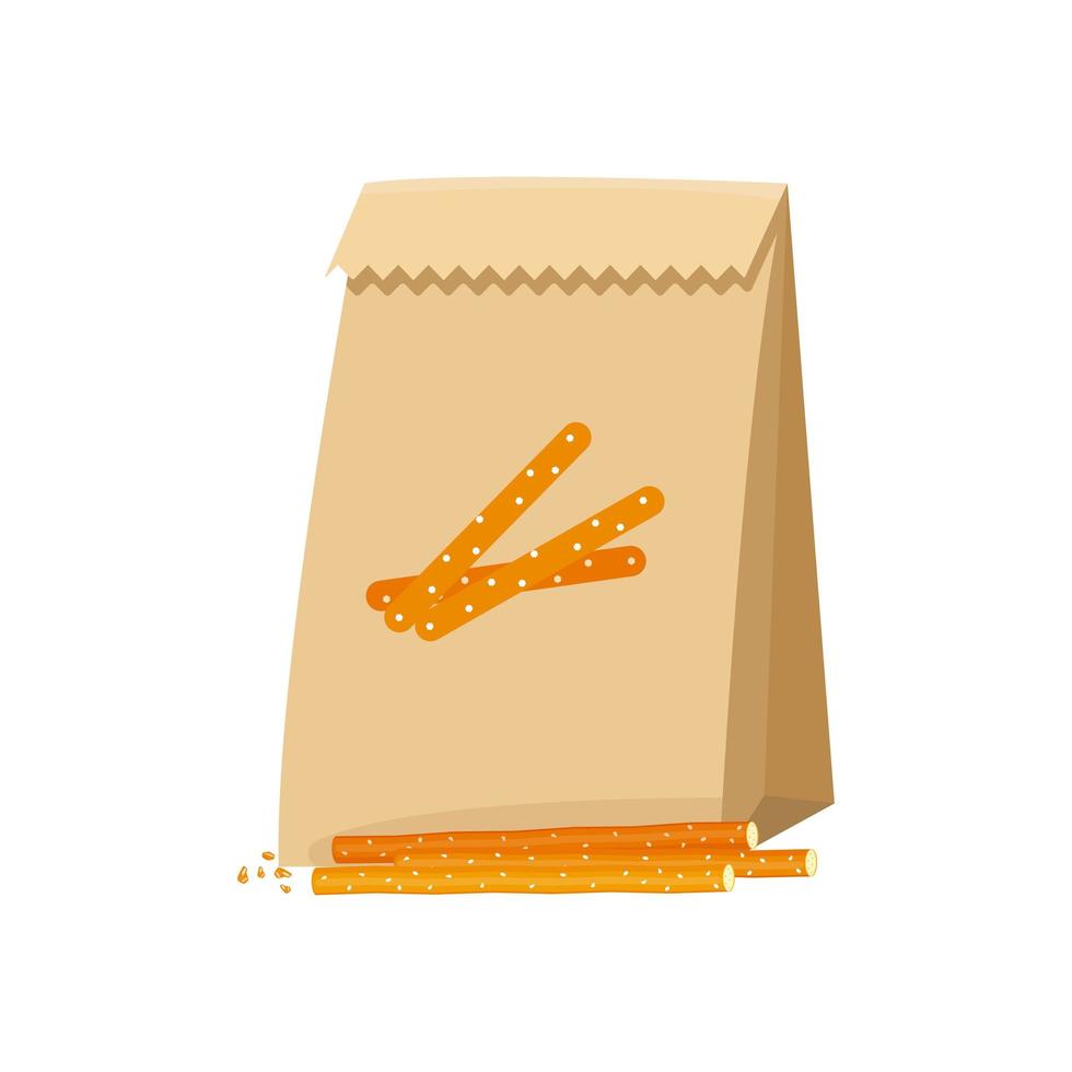 snacks, zoute stokken in papieren verpakkingen, biersnack, vectorillustratie. vector