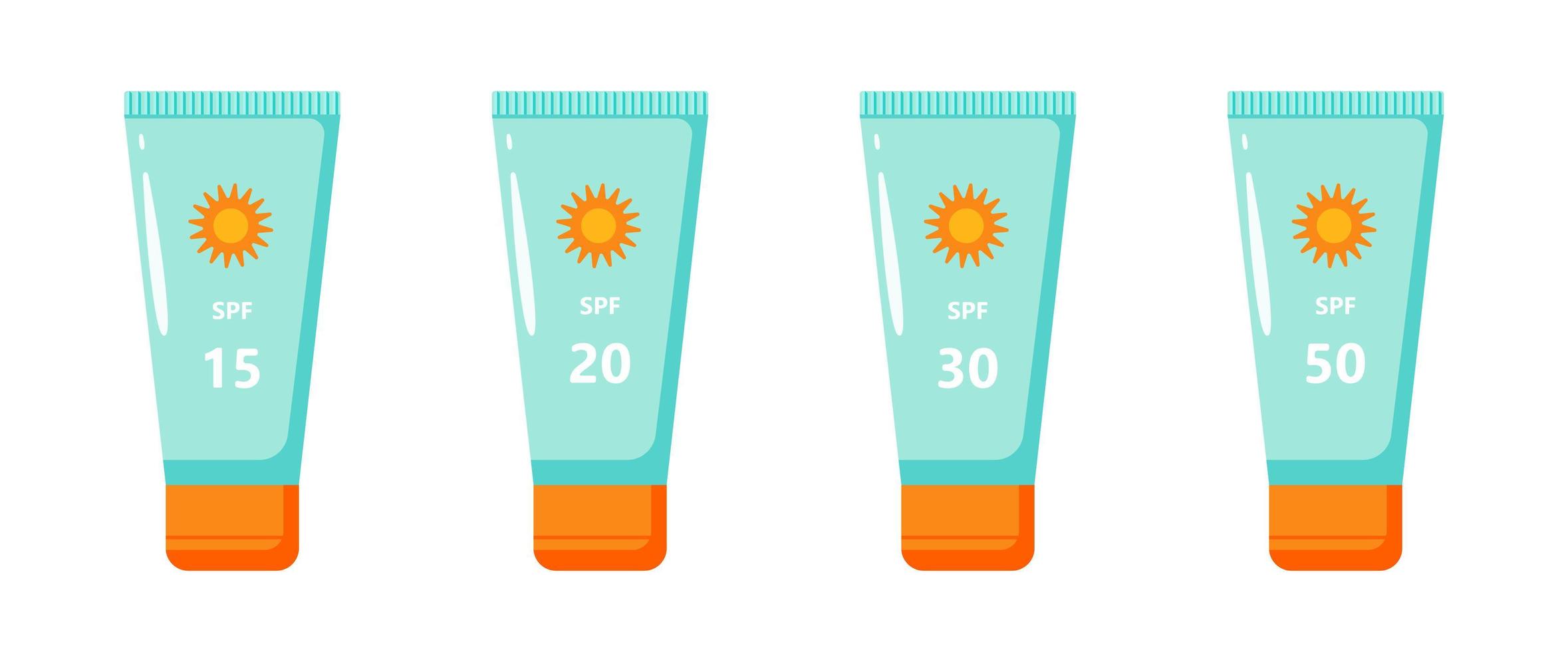 zonnebrandcrème voor het lichaam in buis. set spf 15,20,30,50 cosmetica voor het looien. vector