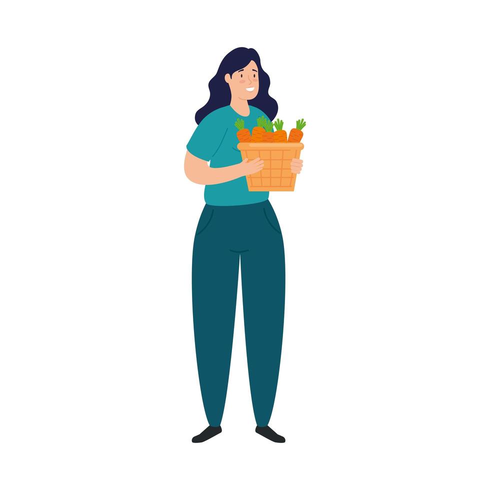 jonge vrouw en mand met wortelen groenten op witte achtergrond vector