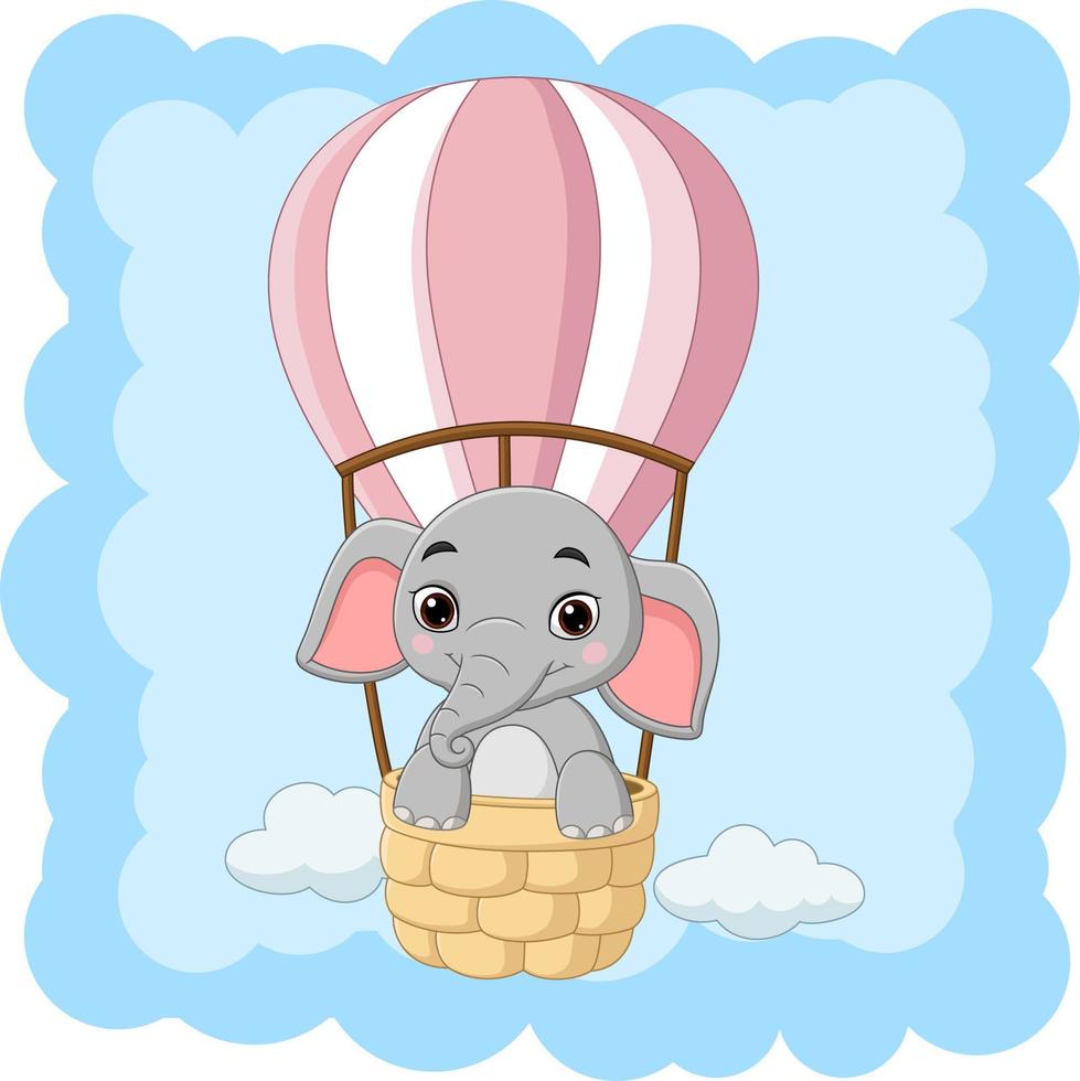 cartoon babyolifant die een heteluchtballon berijdt vector