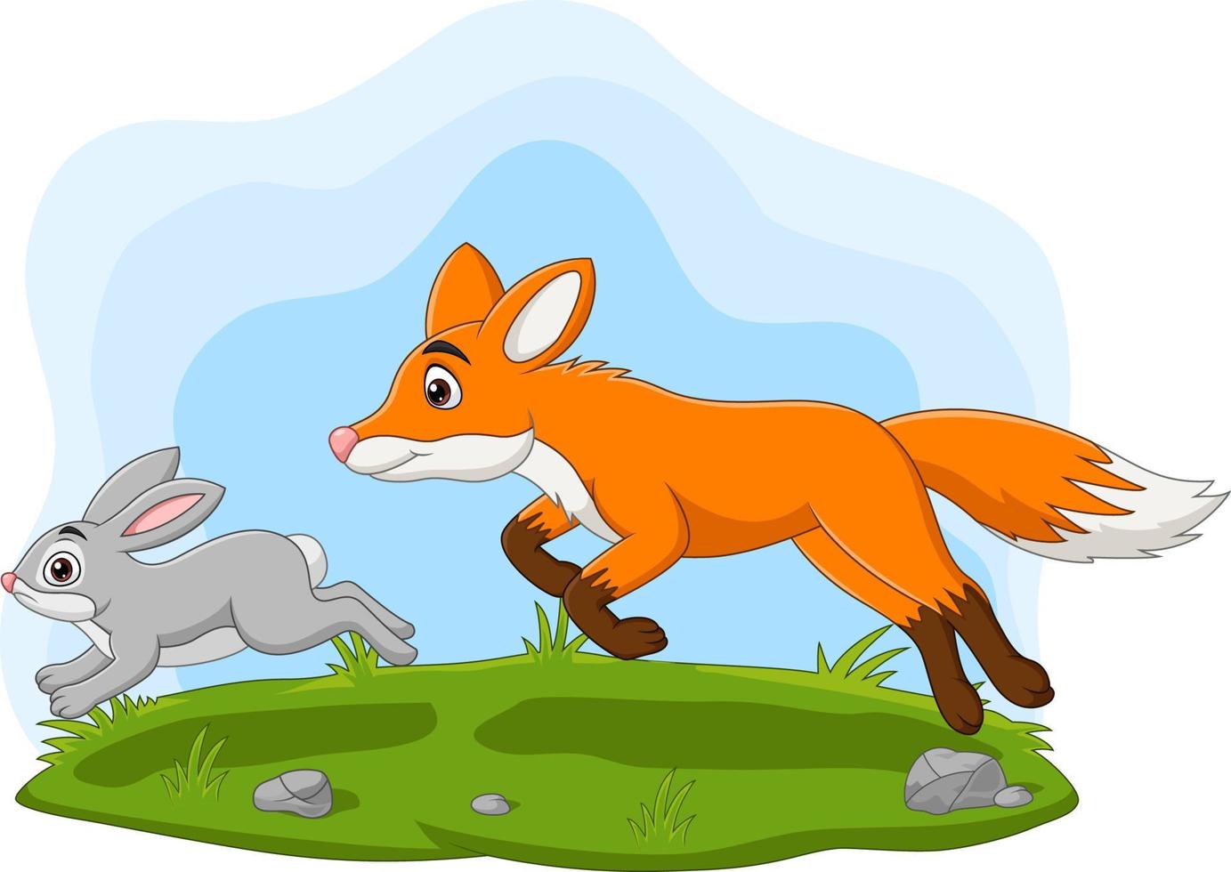 cartoon konijn achtervolgd door vos in het bos vector