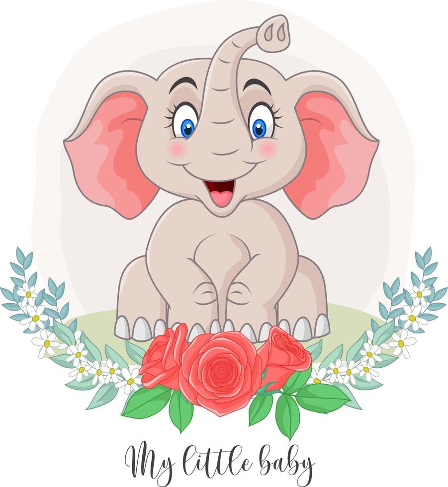 cartoon schattige olifant zittend met bloemen achtergrond vector