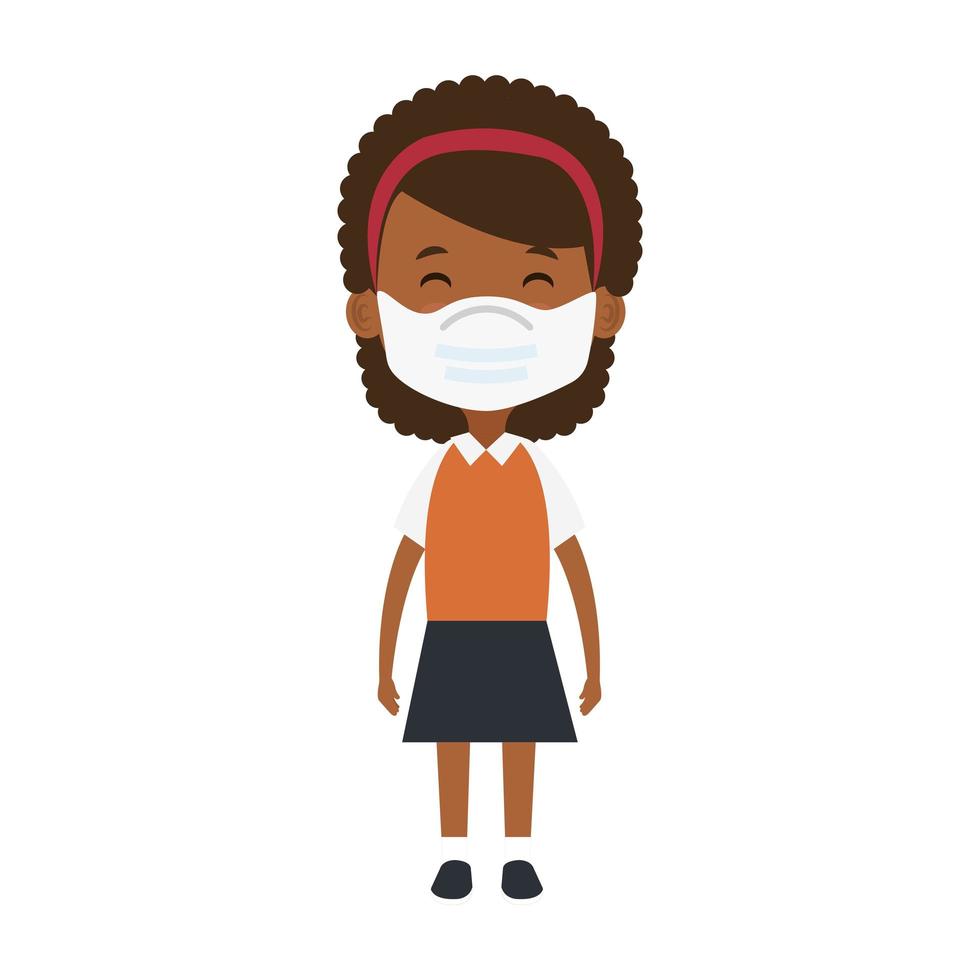 schattig meisje afro student met behulp van gezichtsmasker geïsoleerd pictogram vector