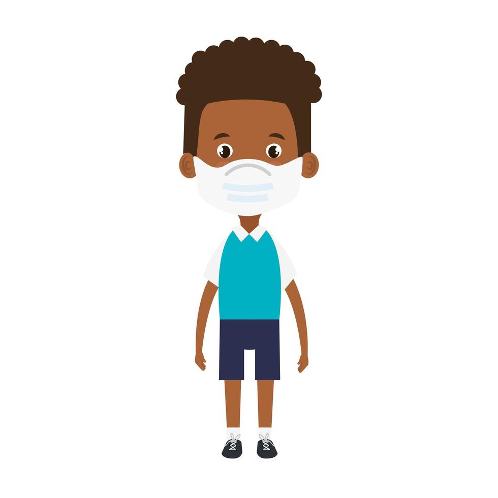 schattige jongen afro student met gezichtsmasker geïsoleerd pictogram vector