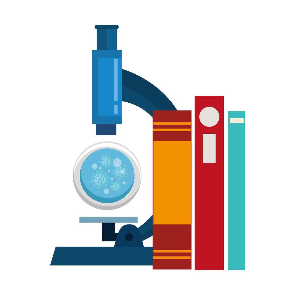 microscoop met deeltjes covid 19 en boeken vector