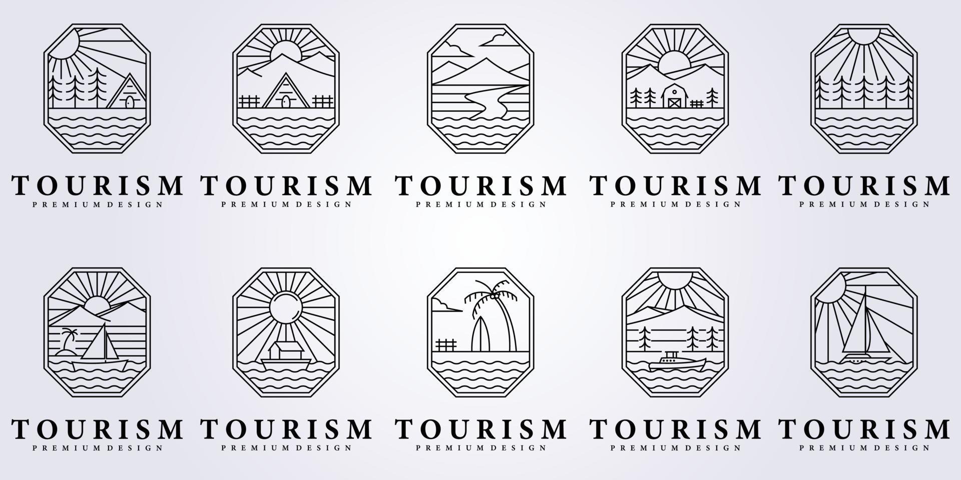 lijn oceaan nautisch avontuur logo vector pictogram illustratie symbool ontwerp surfen vakantie kreek meer rivier bos berg