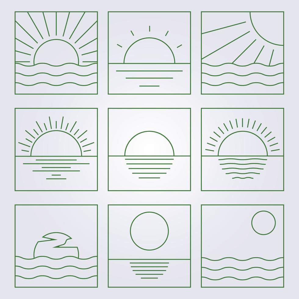 verschillende van zonsondergang of zonsondergang pictogram geïsoleerd collectie bundel set symbool lijntekeningen clipart oceaan zeezicht landschap eenvoudig lijn monoline vector