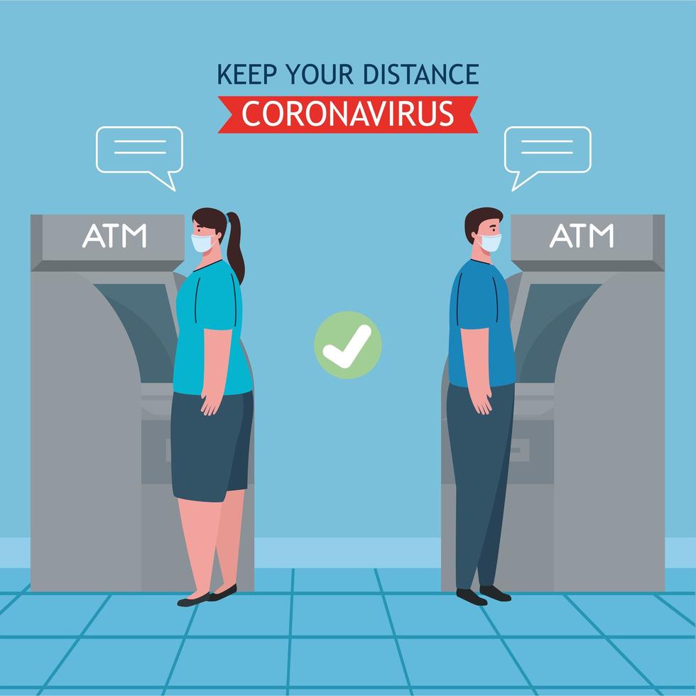 social distancing en coronavirus covid 19 preventie, houd een veilige afstand van anderen bij het gebruik van pinautomaat vector