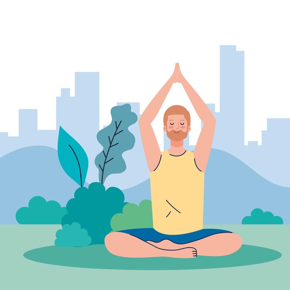 man mediteren, concept voor yoga, meditatie, ontspannen, gezonde levensstijl in landschap vector