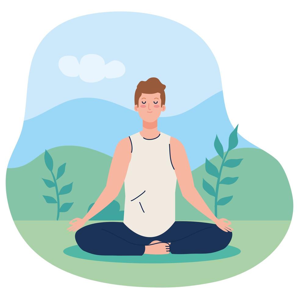 man mediteren, concept voor yoga, meditatie, ontspannen, gezonde levensstijl in landschap vector