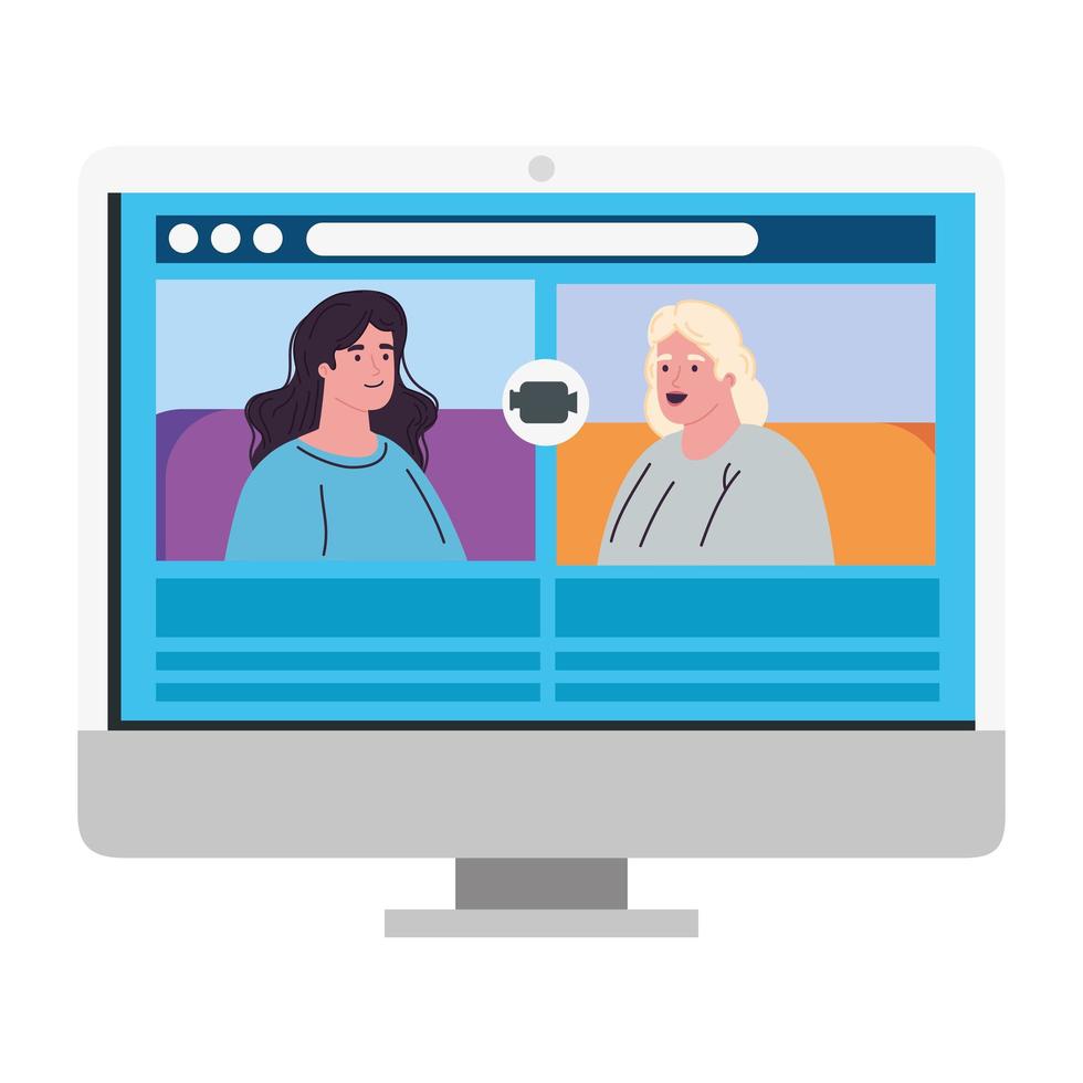 vrouwen praten met elkaar op het computerscherm, videoconferentiegesprek vector
