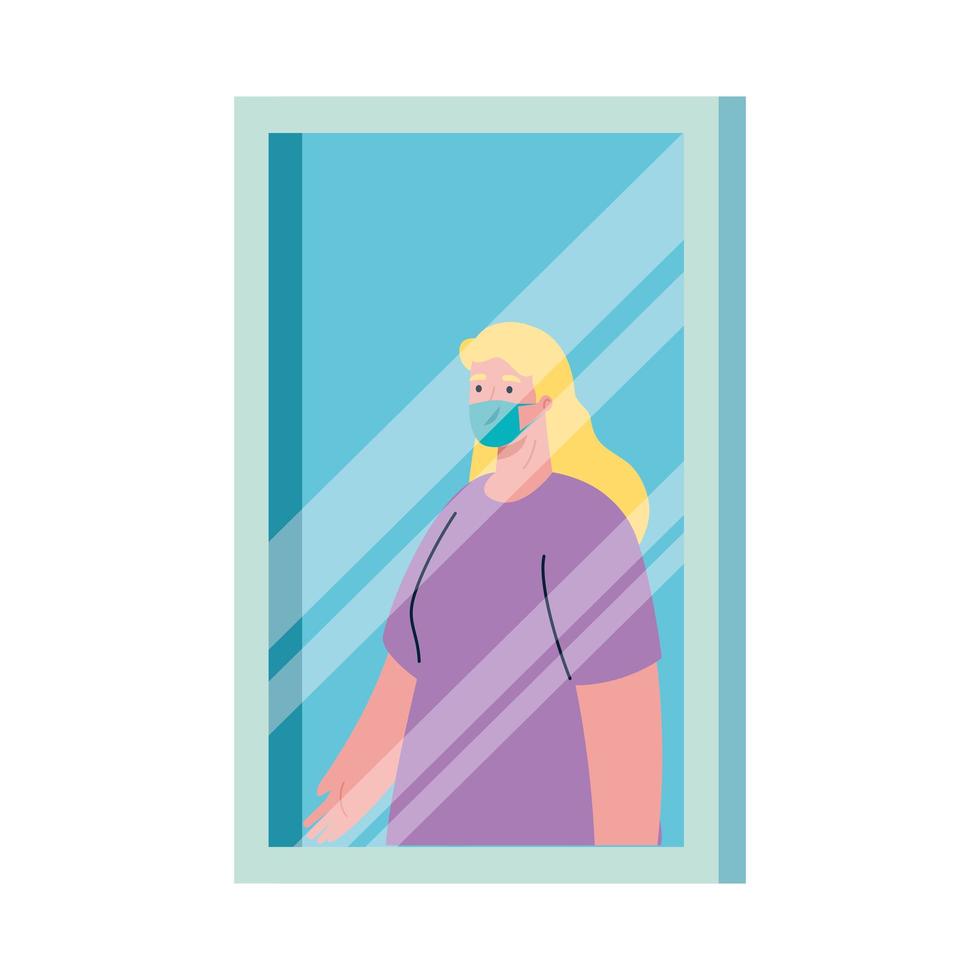 vrouw avatar met masker achter raam vector design