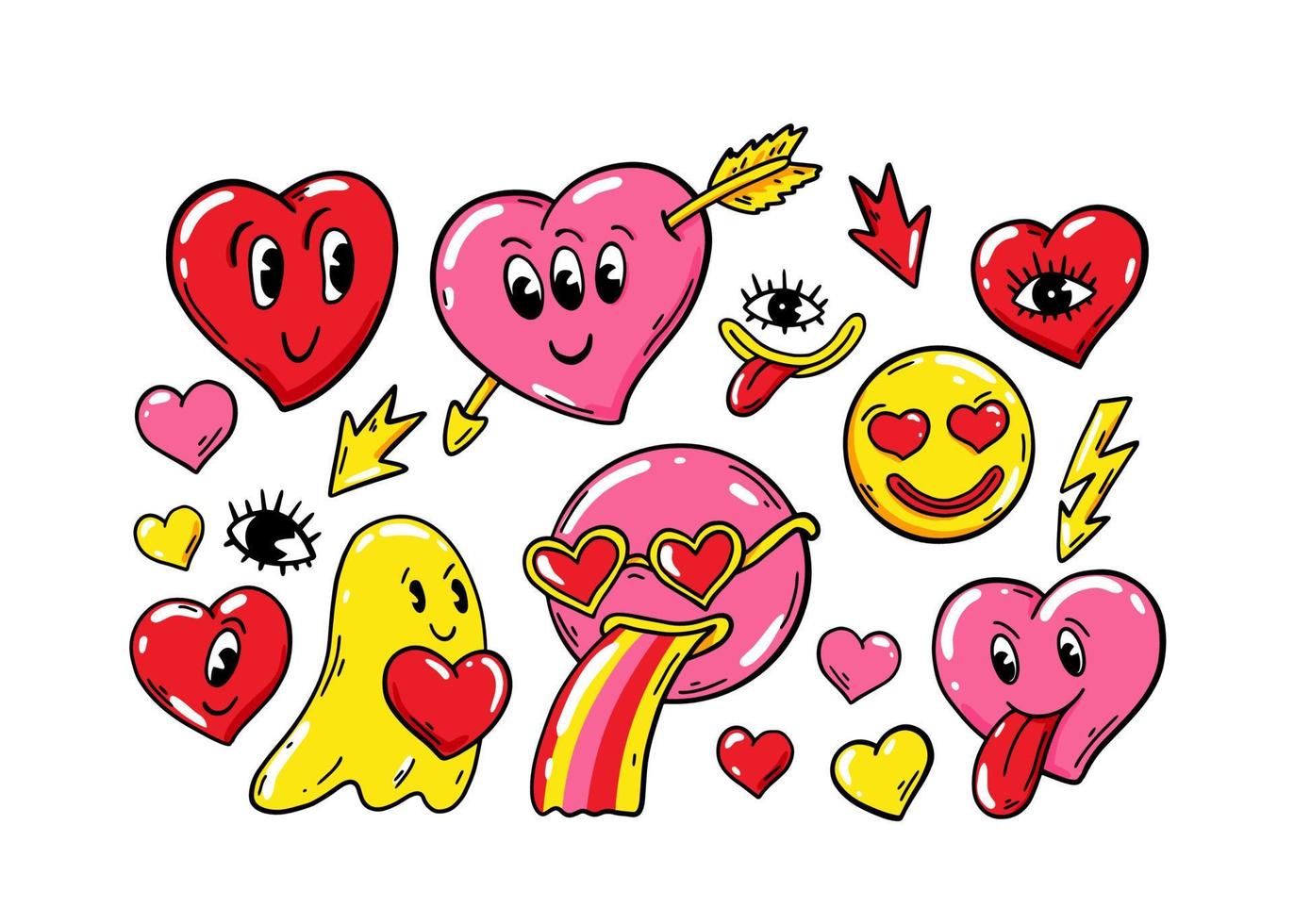 Valentijnsdag liefdesstickerpakket met moderne rare karakters. vector illustratie