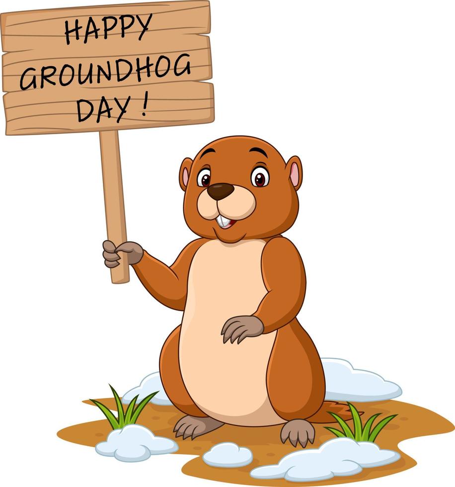 fijne groundhog-dag. grappige marmot met houten bord vector