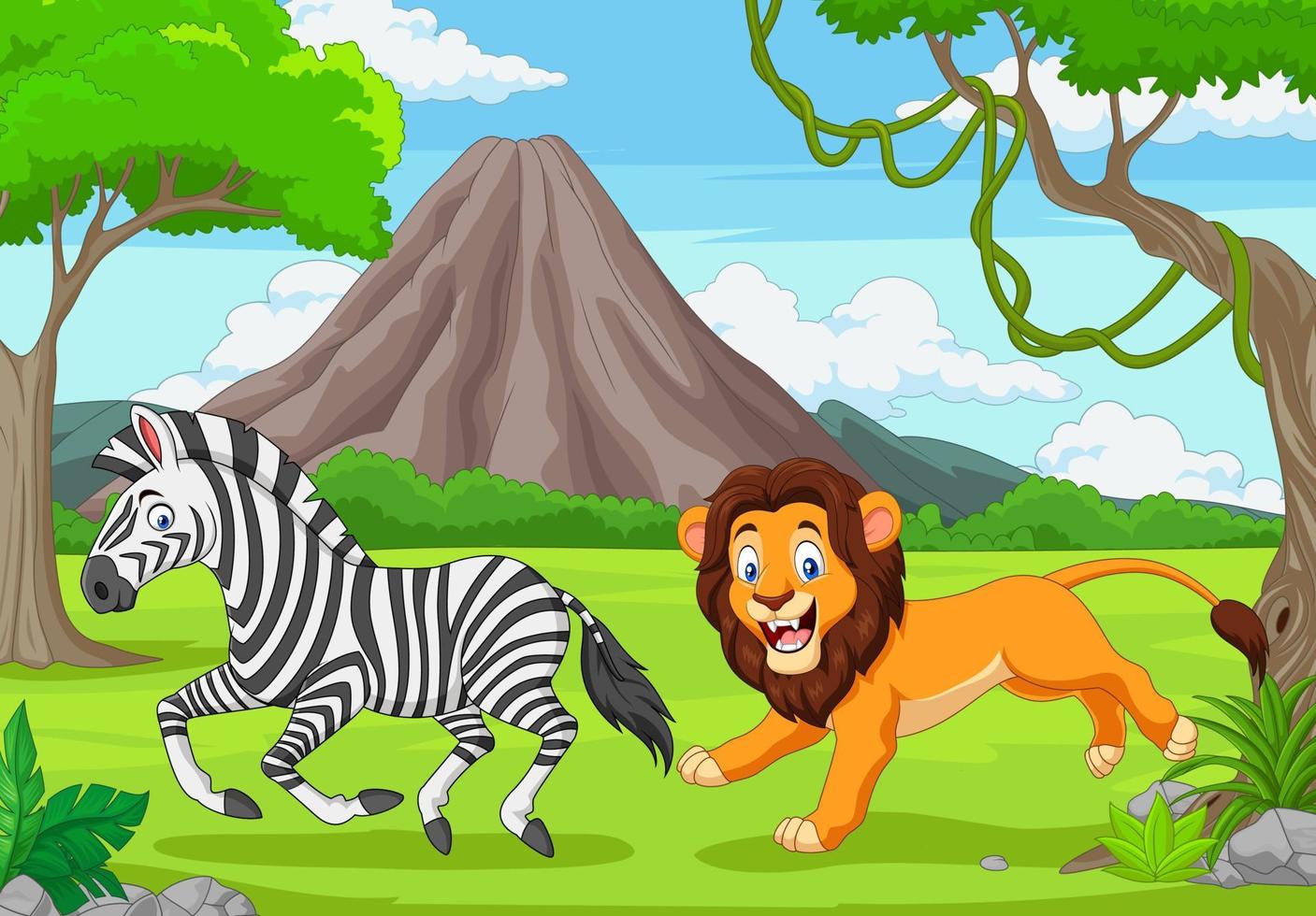 de leeuw jaagt op een zebra in een Afrikaanse savanne vector