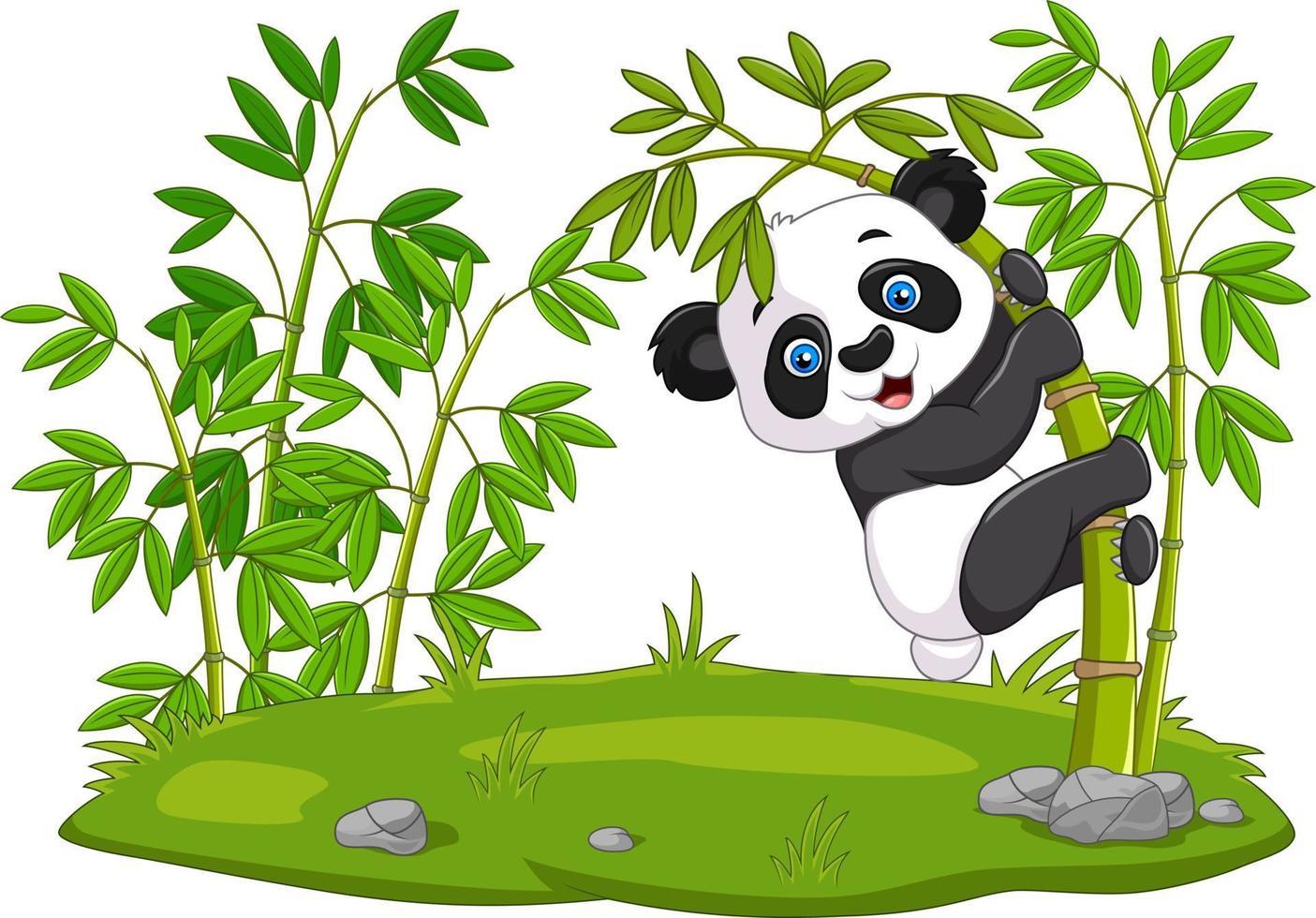 leuke grappige babypanda die aan de bamboe hangt vector