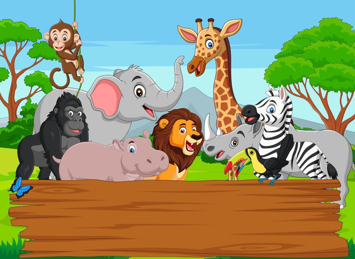 cartoon wild dier met leeg bord in de jungle vector