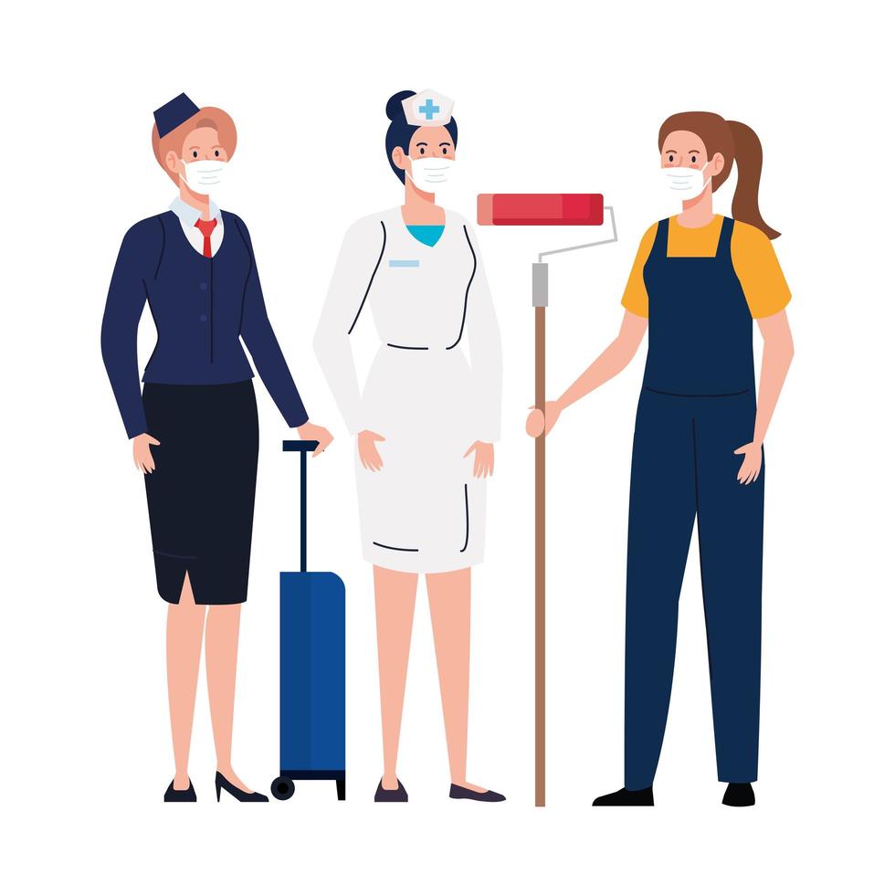 vrouwelijke schilder verpleegster en stewardess vrouw met maskers vector design