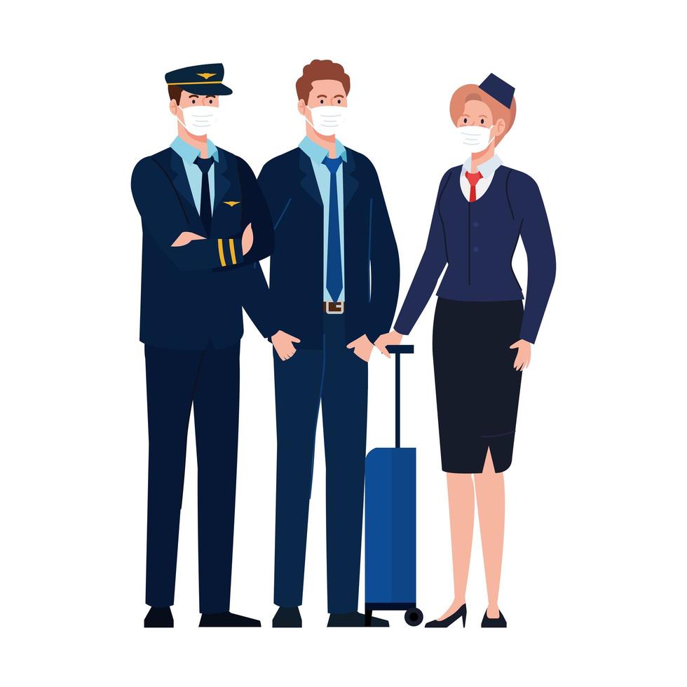 vrouwelijke en mannelijke piloot zakenman en stewardess met maskers vector design